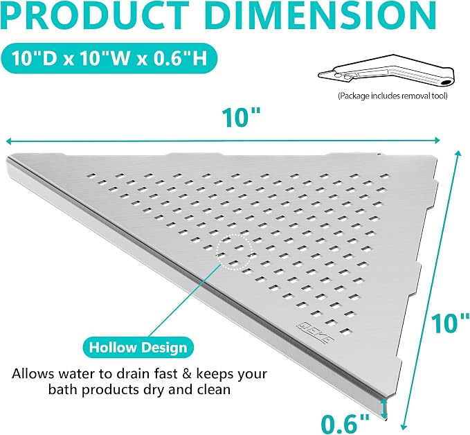 Bathroom Corner Shelf, Recessed 10" Shower Shelf Caddy, SUS304 Stainless Steel - Image 2