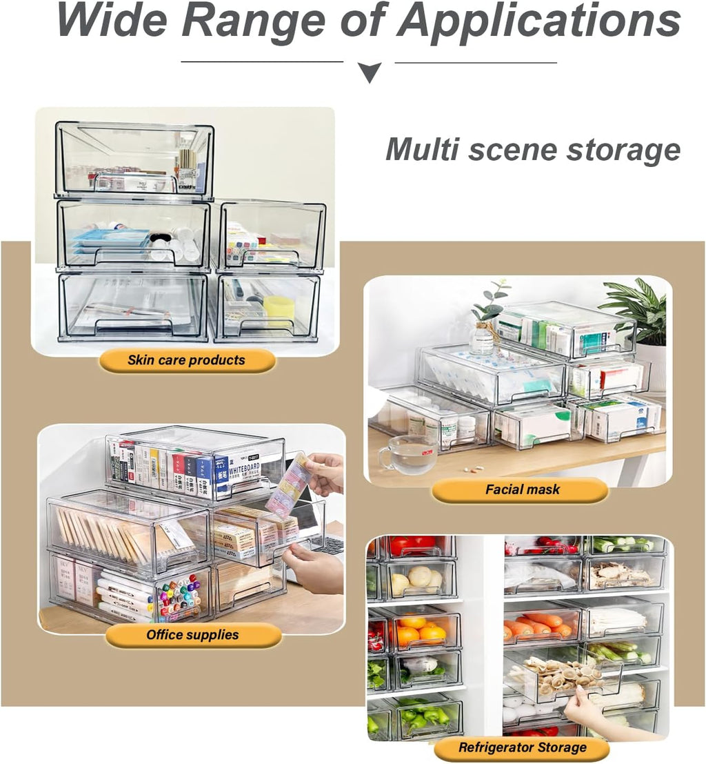 Stackable storage drawers, clear pull-out organizer with handles and