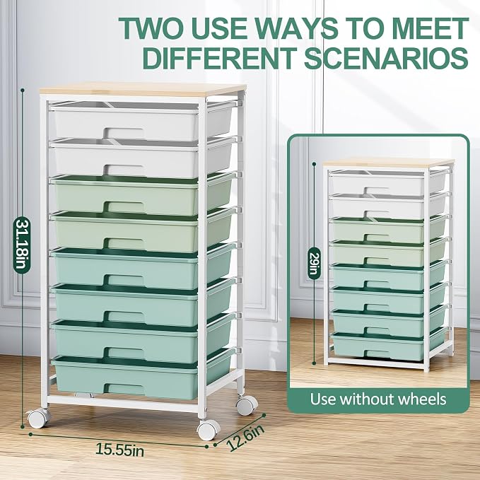 Storage Cart with 8 Drawers, Utility Cart with White Drawers and Wooden Tabletop - Image 2
