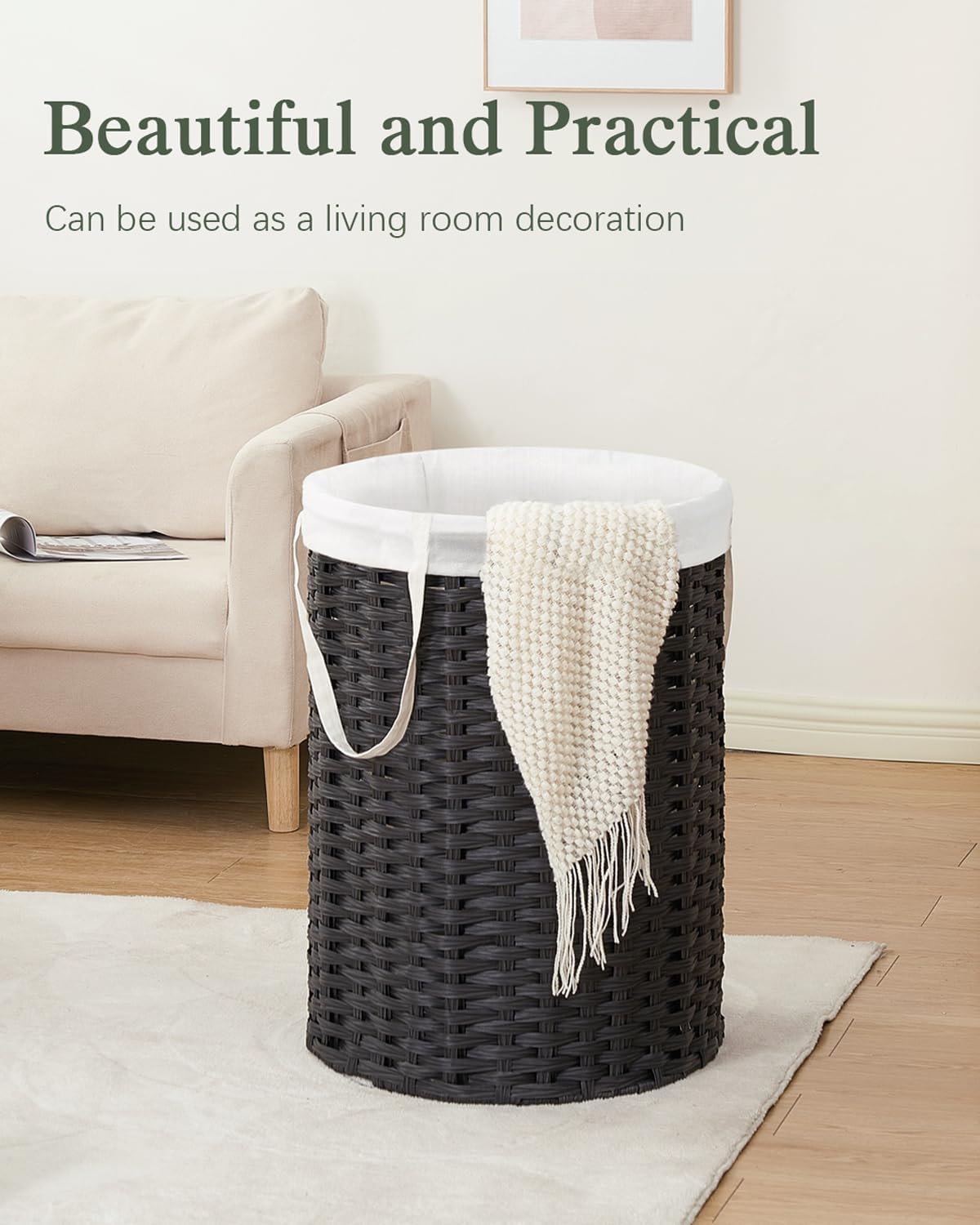 Laundry Basket Round PE Rattan Laundry Hamper, Black (No Lid)