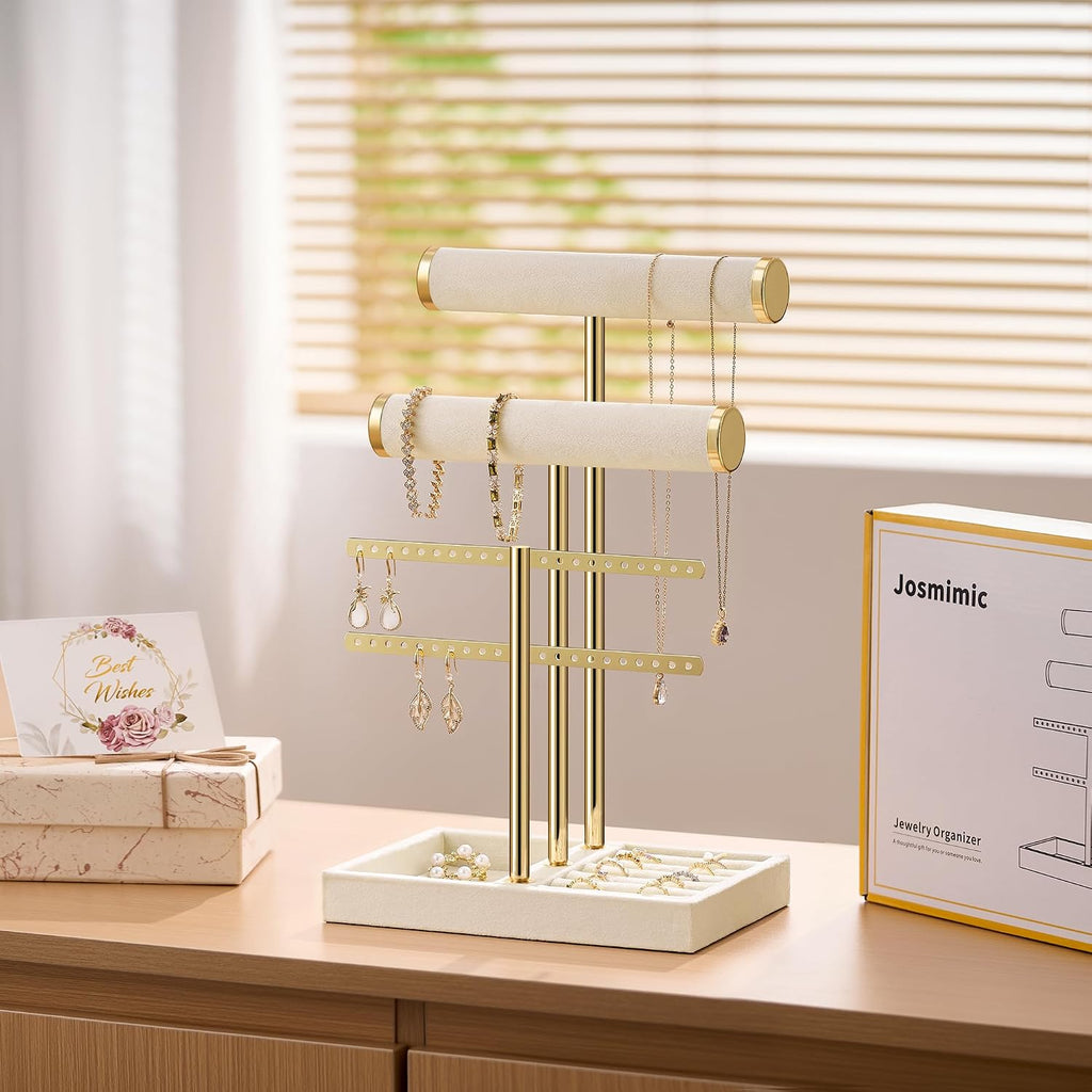 Bracelet Holder Jewelry Organizer Display - 3 Tier T Bar Velvet Stand