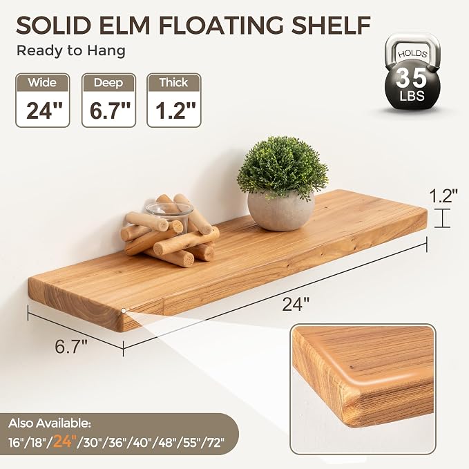 Fun Memories 24 Inch Floating Shelves, Solid Elm Wood Wall Shelf - Image 3