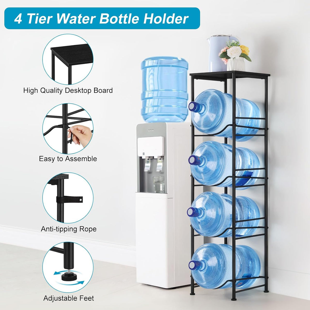 5 Gallon Water Jug Holder 4 Tier Water Bottle Rack with Storage