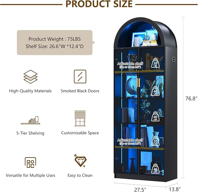 Arch Display Cabinet with Doors and Adjustable Shelves, 6 Tier Display Case - Image 2