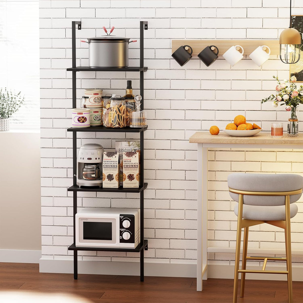 Ladder Shelf 4 Tiers Metal Industrial Bookshelf,Black Wooden Tall Open