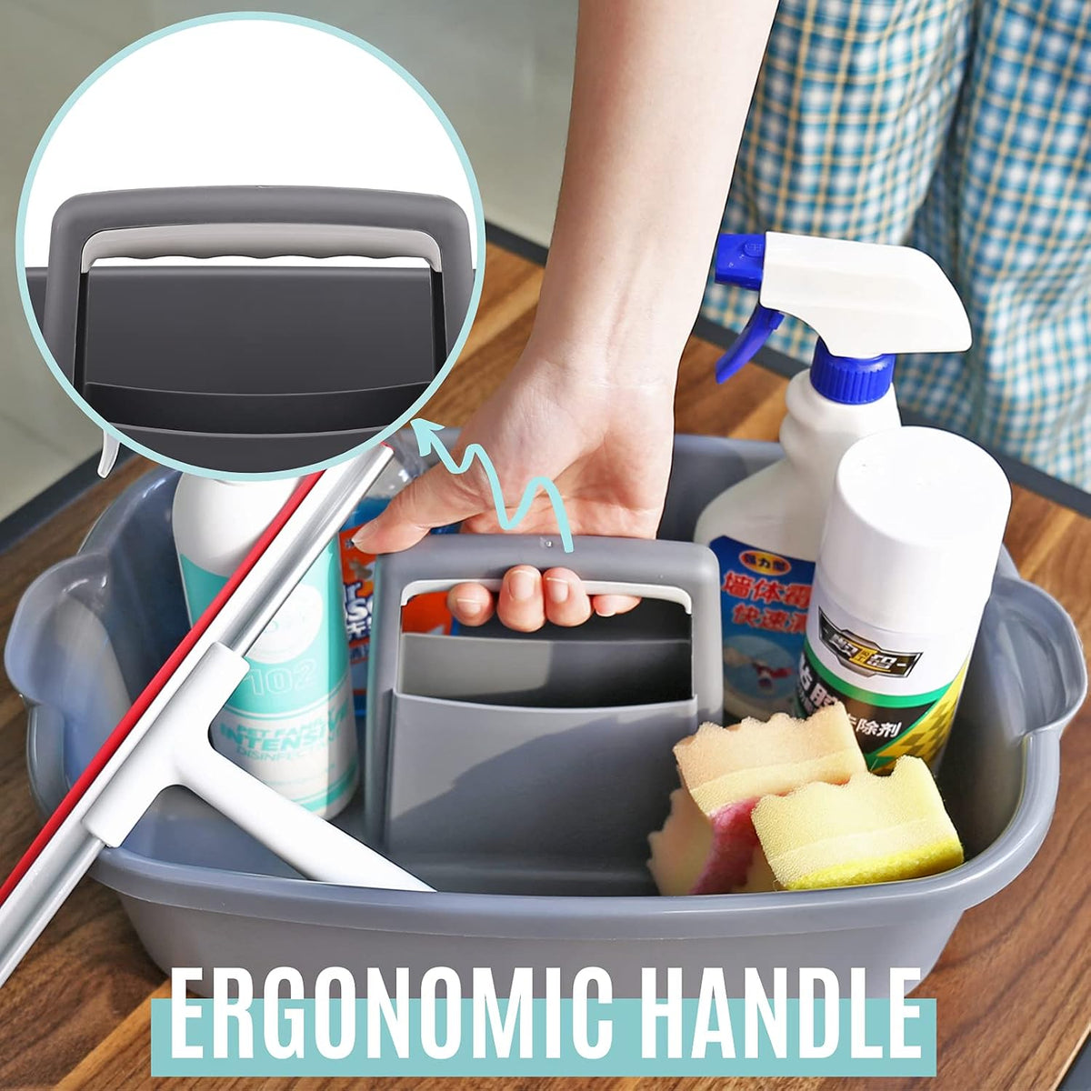 Cleaning Caddy Organizer with Handle, Gray Plastic Bucket for Cleaning