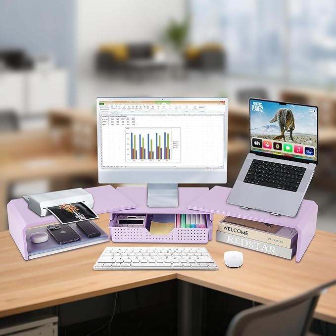 Dual Monitor Stand Riser with Drawer, Desk Organizer and Accessories, Metal - Image 2