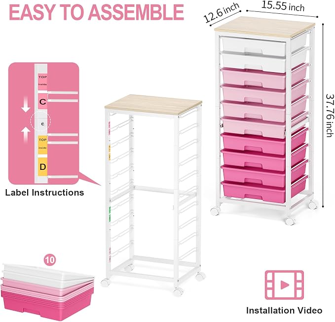 Rolling Cart with Drawers, 10 Drawer Rolling Cart, Storage Cart, Utility Cart - Image 3