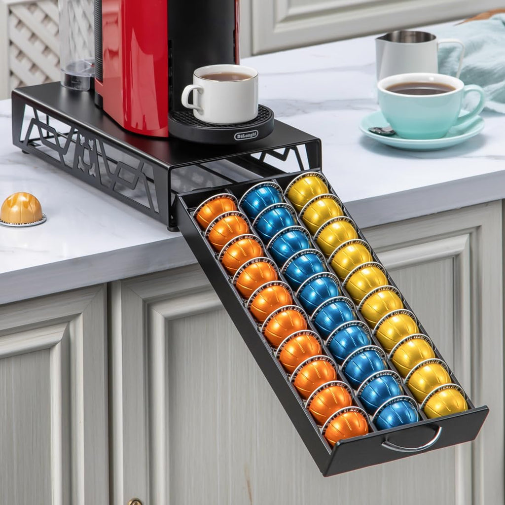 FlagShip Vertuo Pod Drawer Modern Black Metal Coffee Capsule Organizer