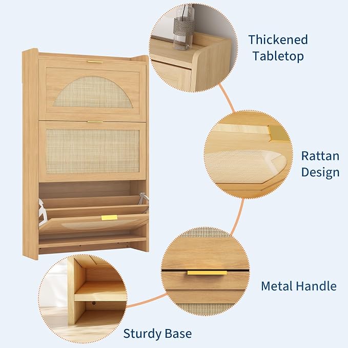 Rattan Shoe Cabinet with 3 Flip Drawers, Natural Wood Shoe Storage Cabinet - Image 5
