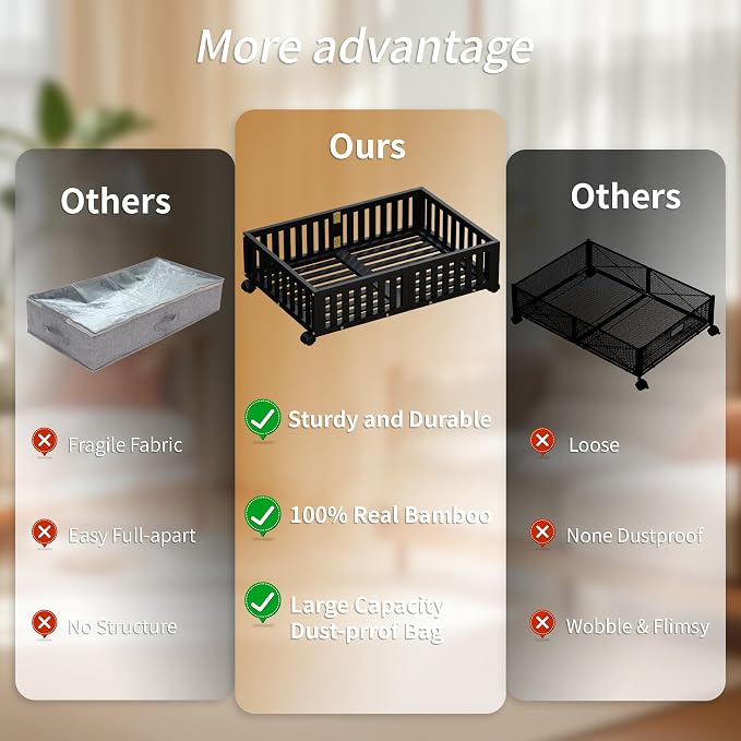 Bamboo Under Bed Storage with Wheels, Rolling Underbed Shoe Organizer Box - Image 4
