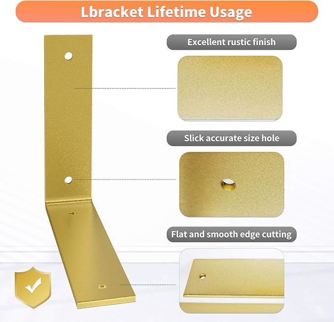 Gold Heavy Duty Shelf Brackets 8 Inch, Extra Thick L Shelving Brackets - Image 3