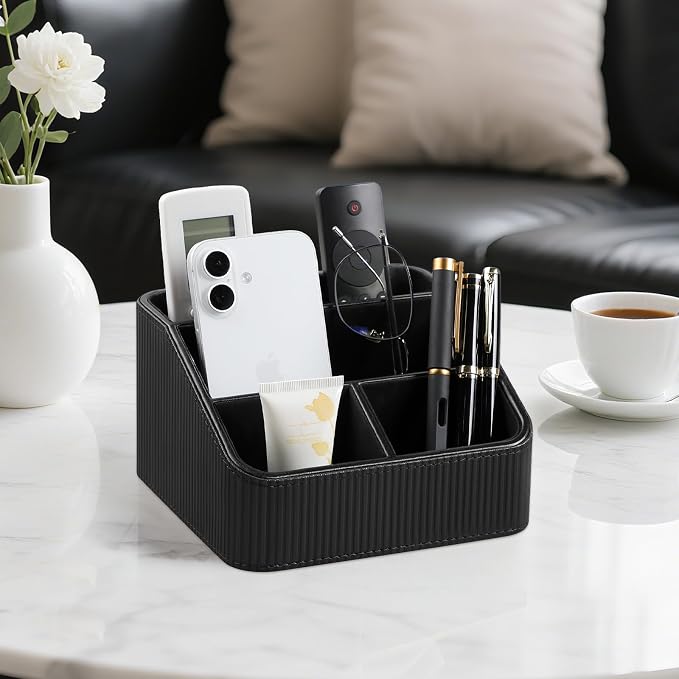 Remote Control Holder with 4 Compartments, PU Leather Small Nightstand Organizer - Image 2