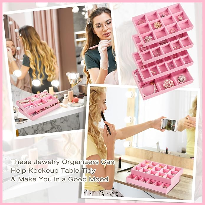 Junkin 12 Pcs Jewelry Tray Velvet Stackable Jewelry Organizer Trays Divided - Image 6