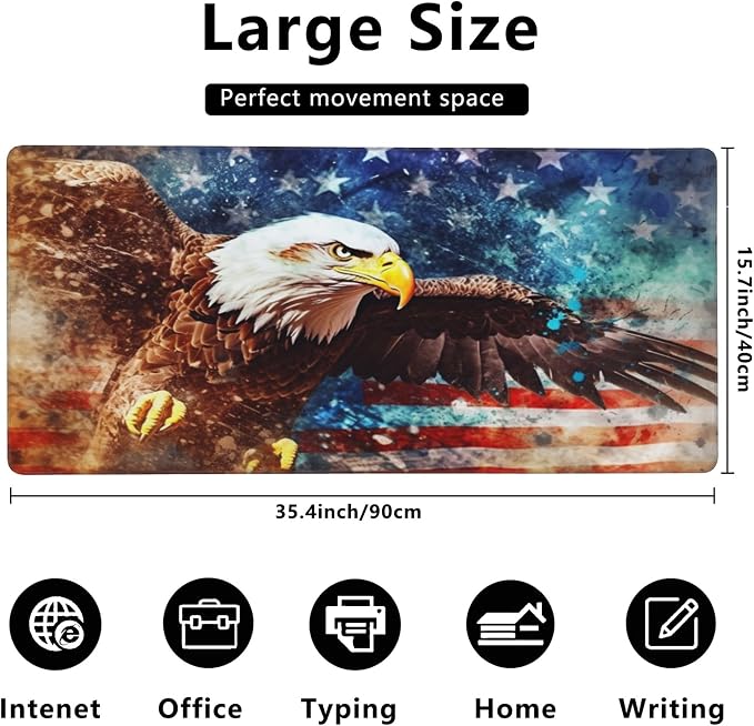 Gaming Mouse Mat Watercolor Bald Eagle Over American Flag Large Mouse Pad - Image 3