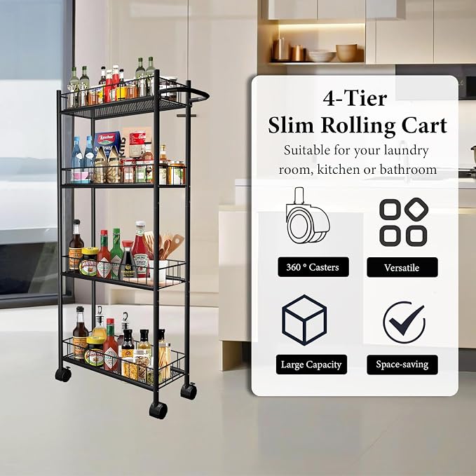 Utility Slim Storage Cart, 4-Tier Storage Cart, Narrow Cart - Image 4