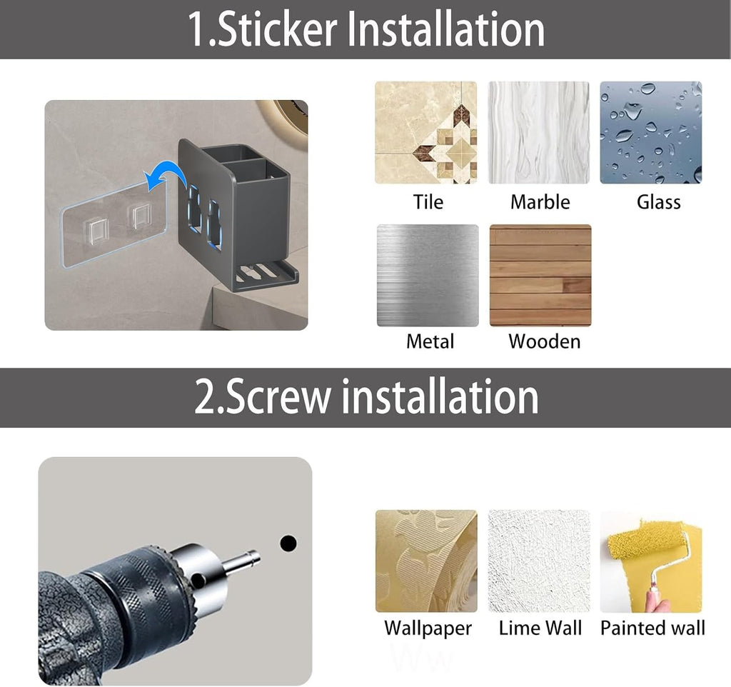 Grey Toothbrush Holder wall Mount, Aluminum,No Drilling Required