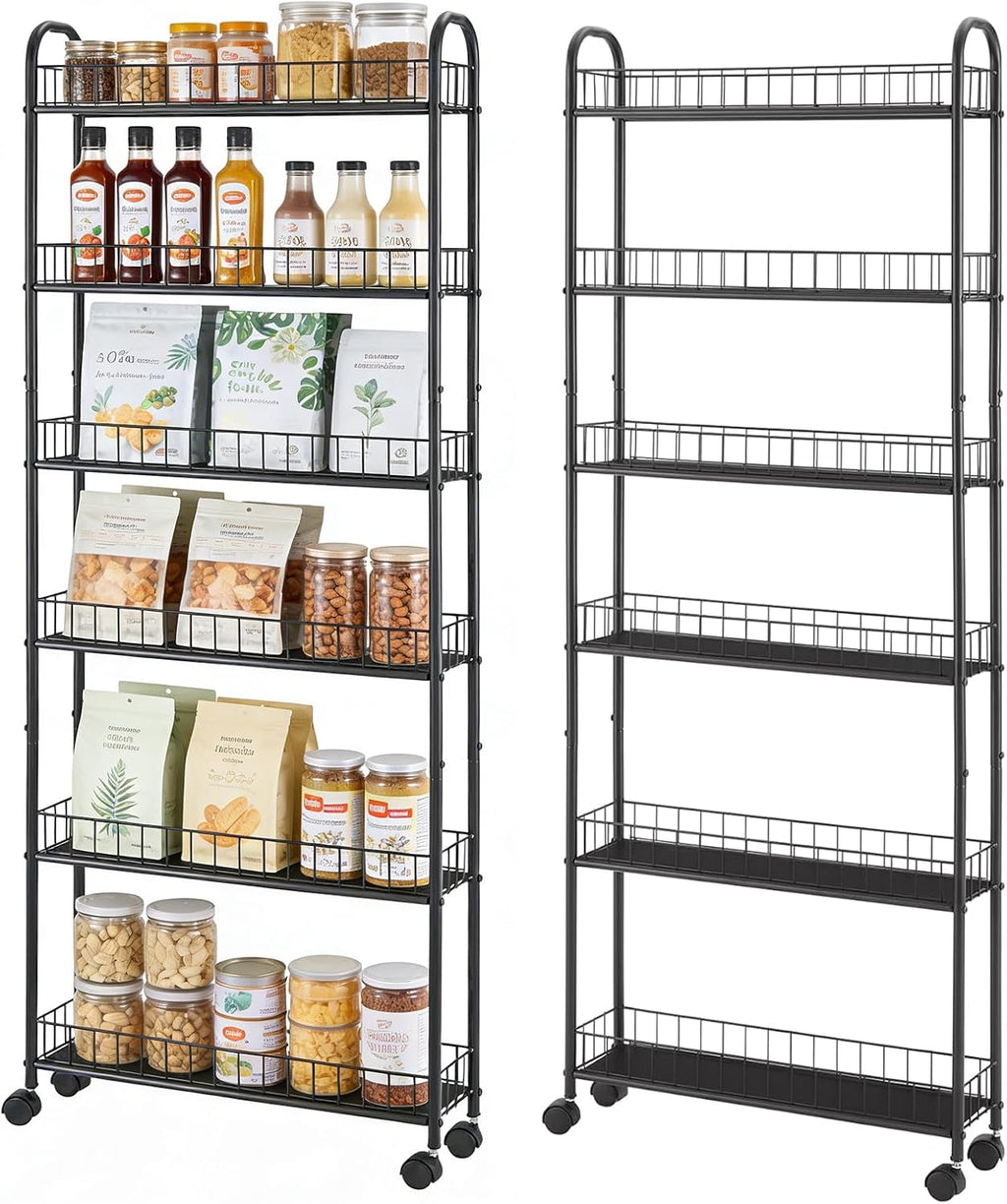 Slim Storage Cart with Wheels, Metal 6-Tier 6in Black Narrow Rolling
