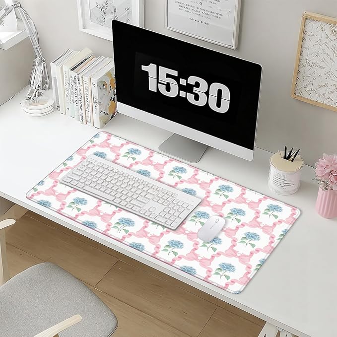 Blue Hydrangea Large Mouse Pad 31.5x15.7inch, Trendy Coquette Pink Bow Flower - Image 5