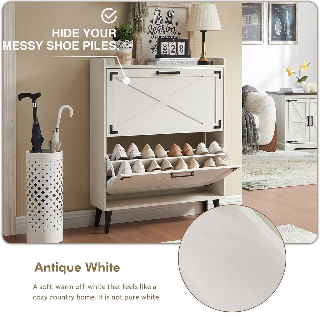 Farmhouse Shoe Storage Cabinet with 2 Flip Drawers & Barn Door