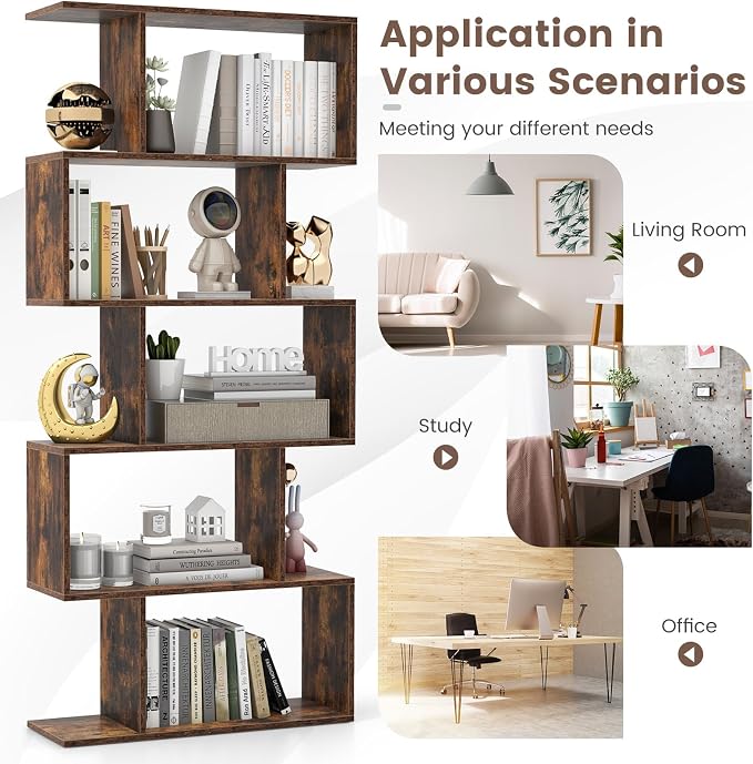 5-Tier Geometric Bookcase, 62.5” Freestanding Room Divider Bookshelf - Image 8