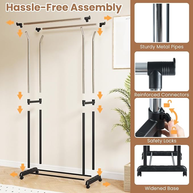 COSTWAY Double Rod Clothing Rack, Rolling Garment Rack - Image 5