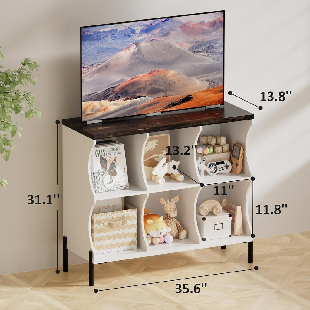 6 Cube Low and Short Book Shelf, White with Dark Brown Top