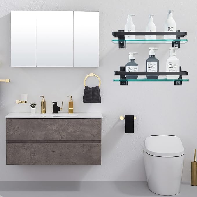 AIJALY 3 Pack Bathroom Glass Shelf, Aluminum Tempered Glass 0.34in Extra Thick - Image 2