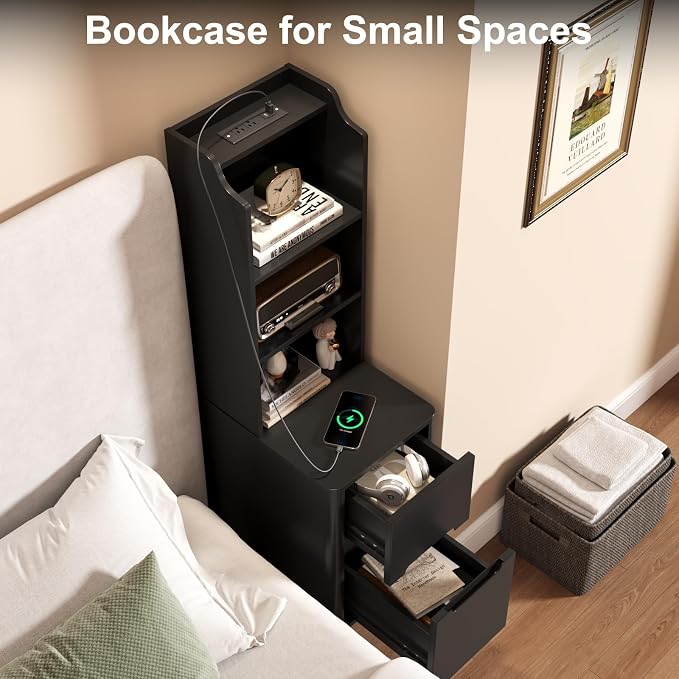 Tall Nightstand with Charging Station, Narrow Side Table with Bookshelf - Image 4