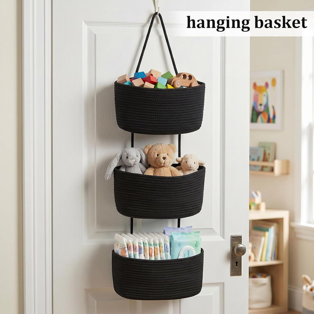 Over the Door Hanging Storage Basket, 3 Tier Wall Organizer Black