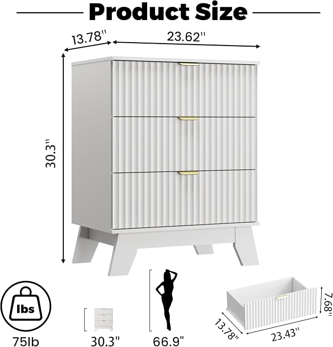 White Night Stand with 3 Drawers, Bedside Table & End Table, Farmhouse Night - Image 2