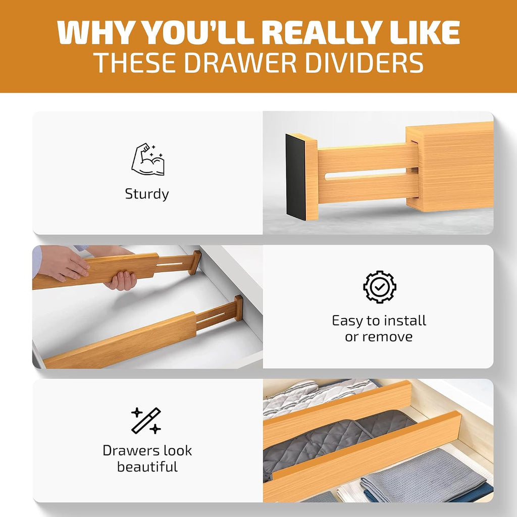 4-Pack Bamboo Drawer Dividers - 2.6 Inches High, Adjustable 12 to