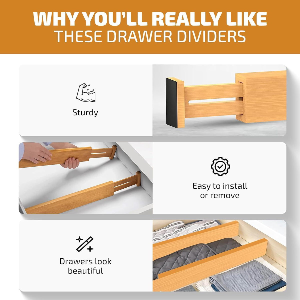 4-Pack Bamboo Drawer Dividers - 2.6 Inches High, Adjustable 12 to