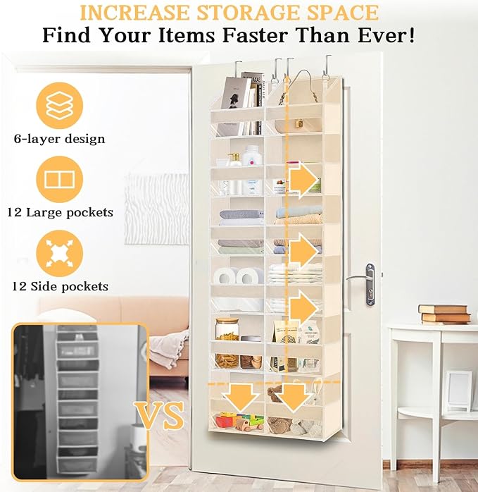 Over the Door Organizer 6 Tiers, Extra Large Behind Door Storage of 12 - Image 2