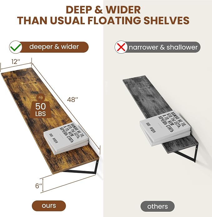 Heimlove Deep Floating Shelves for Wall, 48W x 12D Wood Wall Shelves Set of 2 - Image 3