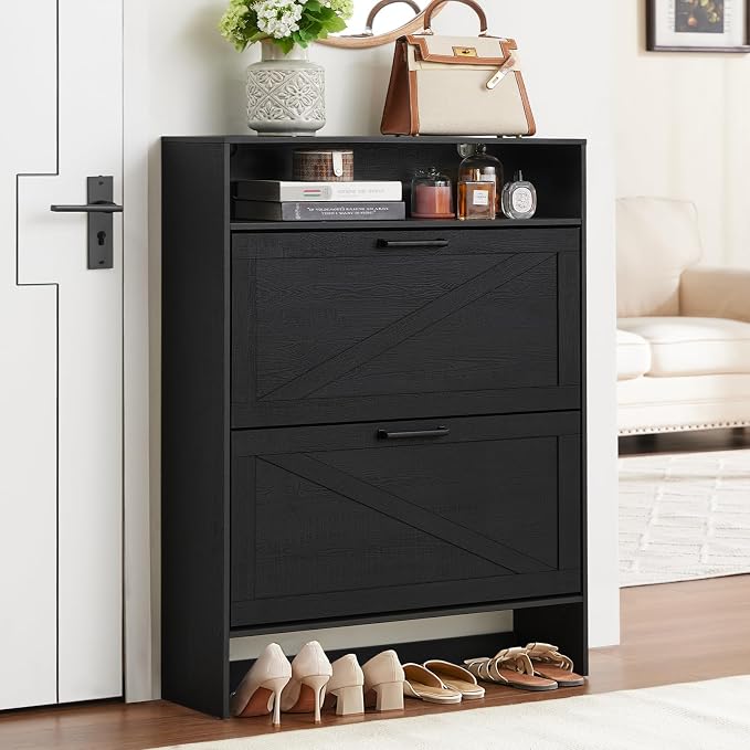 Shoe Storage Cabinet with 2 Flip Drawers, Farmhouse Narrow Shoe Organizer with - Image 8