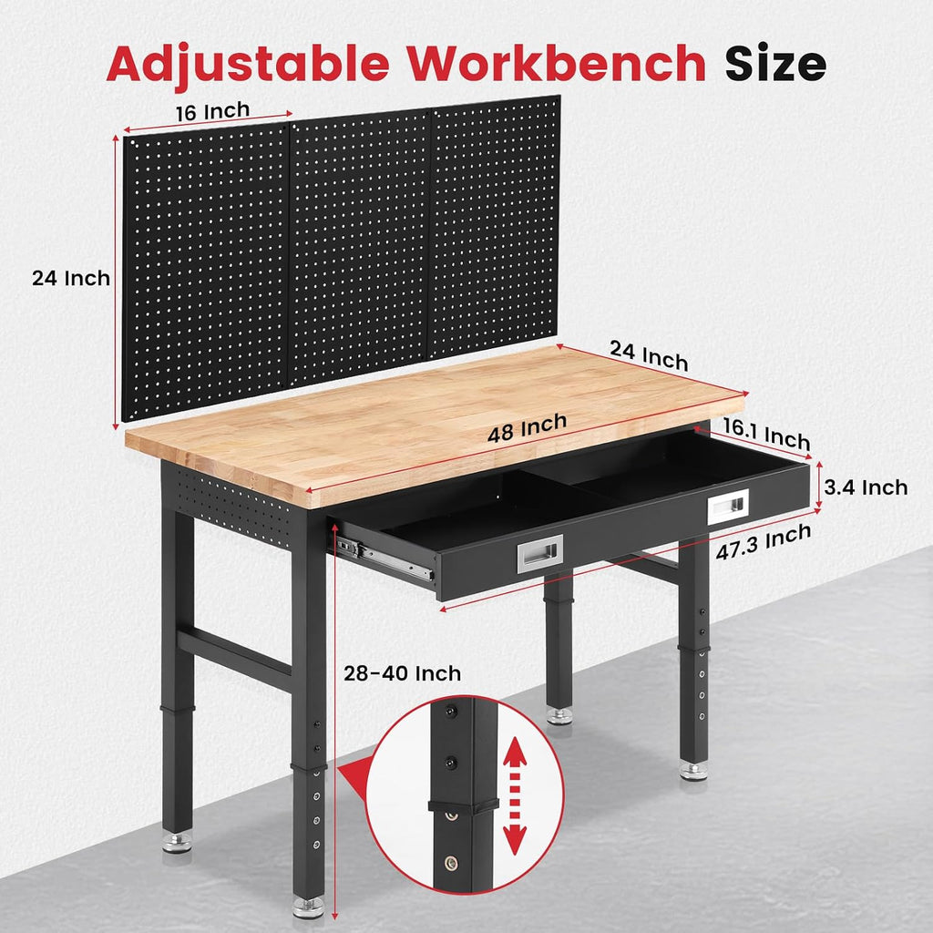 48" Adjustable Height Workbench with Drawers, Rubberwood Top