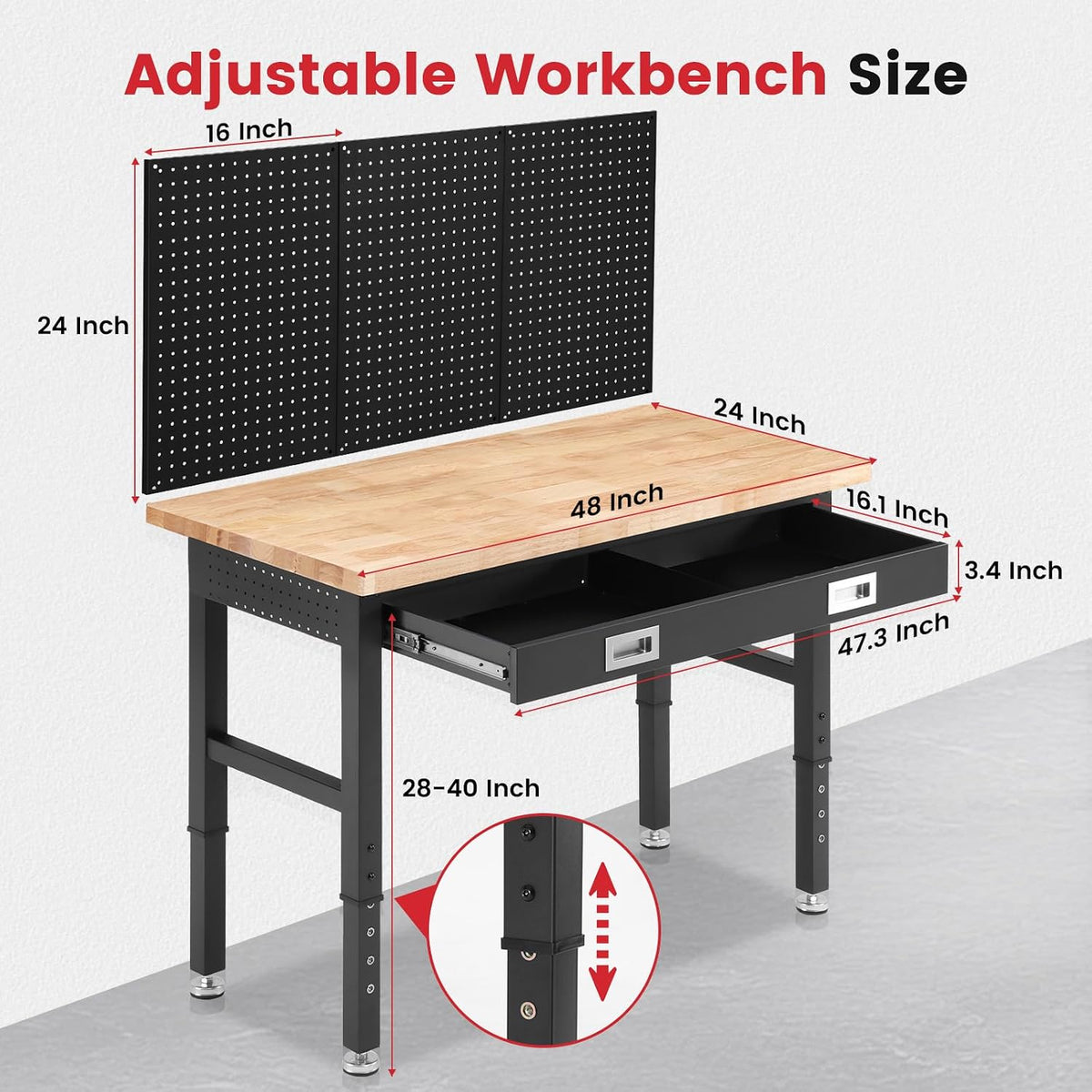 48" Adjustable Height Workbench with Drawers, Rubberwood Top