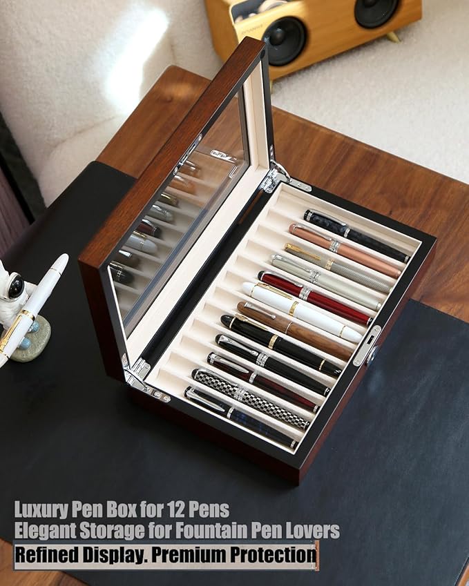 Wooden Pen Display Case – 12 Slot Lockable Fountain Pen Storage Box, Gift - Image 2