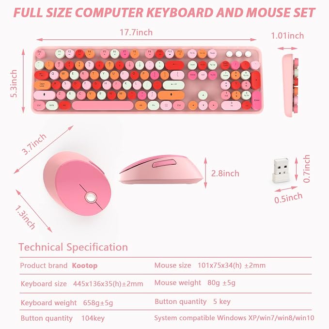 KOOTOP Cute Pink Wireless Keyboard and Mouse, 2.4G Retro Round Keycap - Image 9