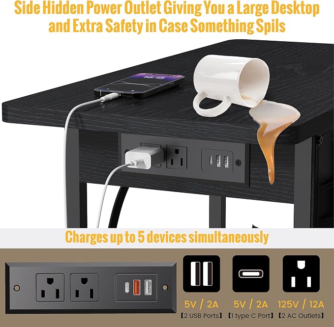 Small Side Table with Charging Station, Narrow Nightstand Bedside Tables with - Image 4