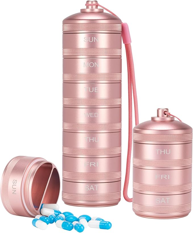 XHT Pink Weekly Metal Pill Organizer 7 Day 2 Times a Day – Aesthetic Waterproof by XHT
