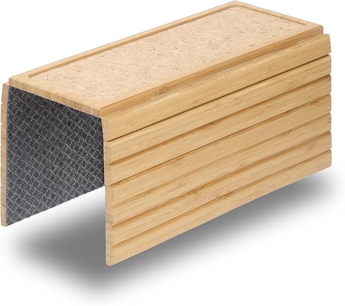 DETOR Sofa Arm Tray with Grained Cork Pad, Natural Bamboo Finish, Enhanced by Detorhomeandliving