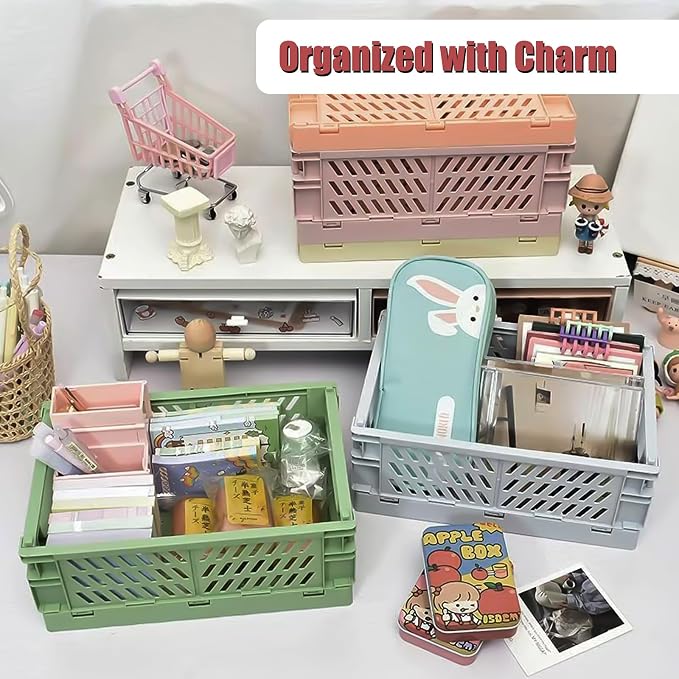 Small Pastel Plastic Storage Bins 2Pcs Foldable Pastel Crates Plastic Basket - Image 6