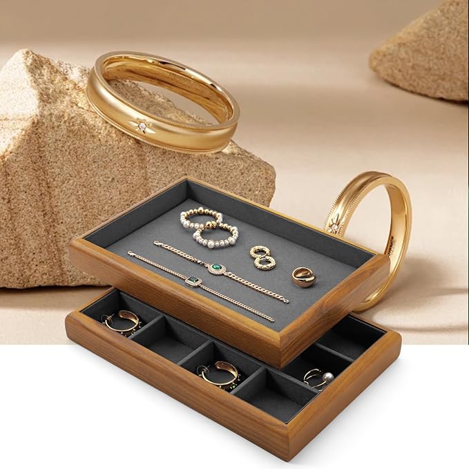 Oirlv Solid Wood 12 Grid Liner Pendant Jewelry Organizer Tray Jewelry Drawer - Image 3