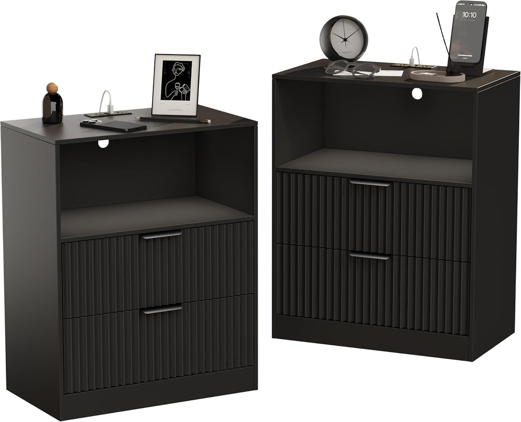 Fluted Nightstand with Charging Station & LED Lights, Fluted Wood