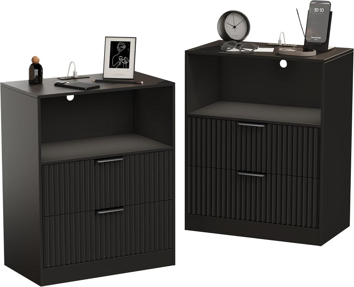 Fluted Nightstand with Charging Station & LED Lights, Fluted Wood