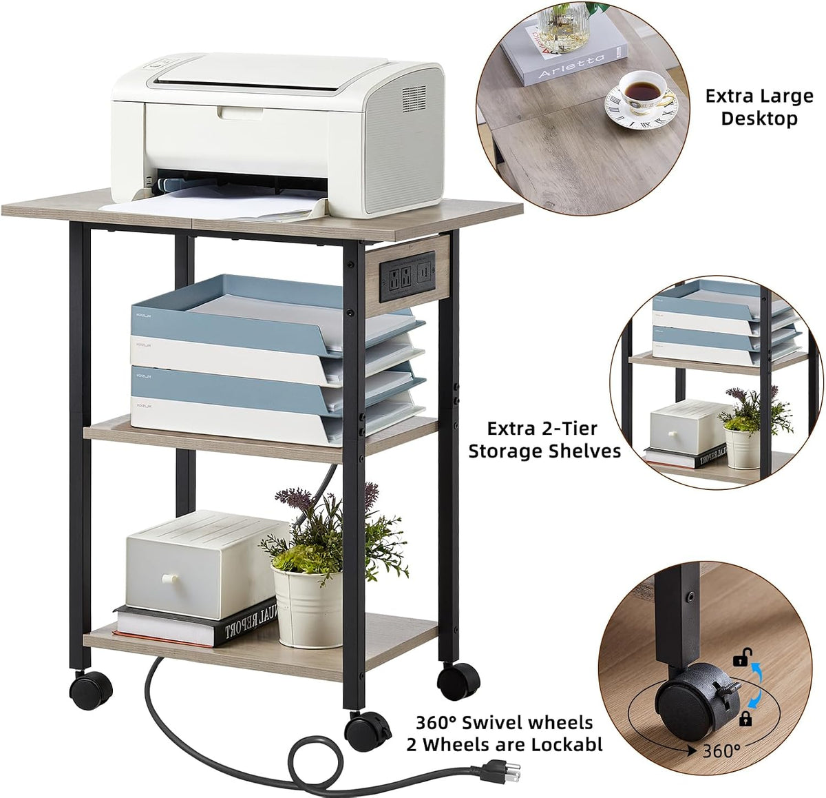 Lerliuo 3-Tier Printer Stand with Charging Station, Rolling Printer