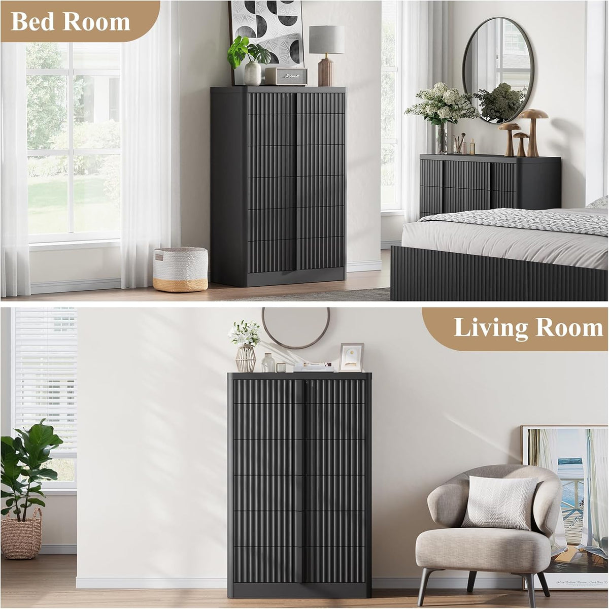 Fluted Dresser for Bedroom, 48" Tall 6 Drawer Dresser, Modern Chest of