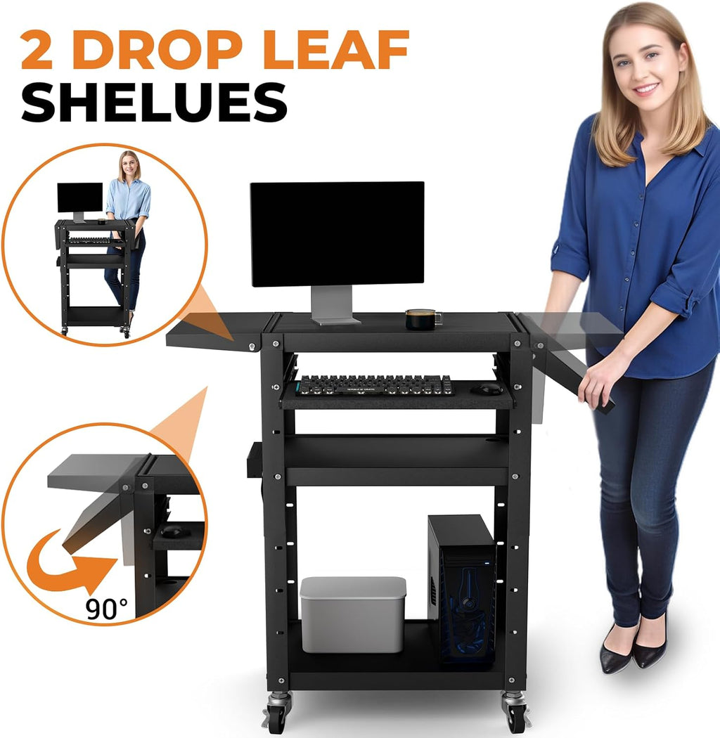 Mobile AV Cart with Pullout Keyboard Tray, Rolling Computer Cart
